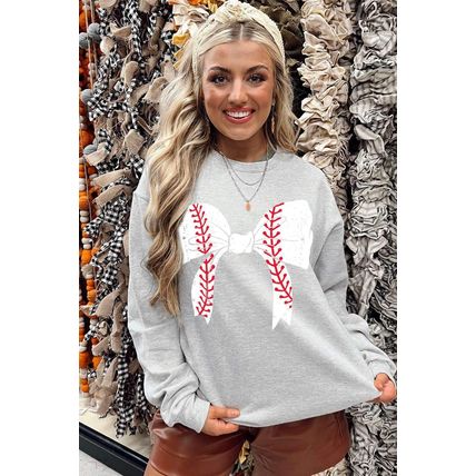 Gray Rugby Football Bowknot Graphic Game Day O Neck Sweatshirt