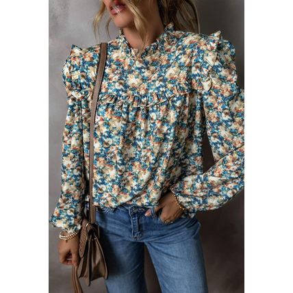 Sky Blue Floral Print Frilled Mock Neck Puff Sleeve Blouse