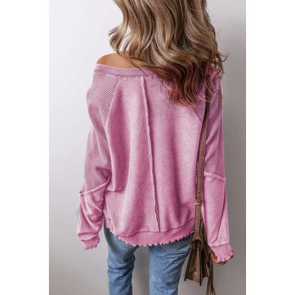 Pink Waffle Knit Patchwork Exposed Seam Raglan Sweatshirt