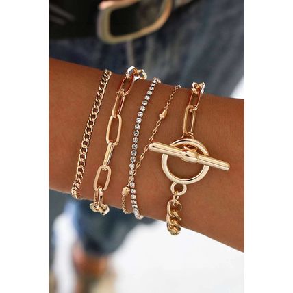 Gold Multi Layered Rhinestone Chain Bracelet Set