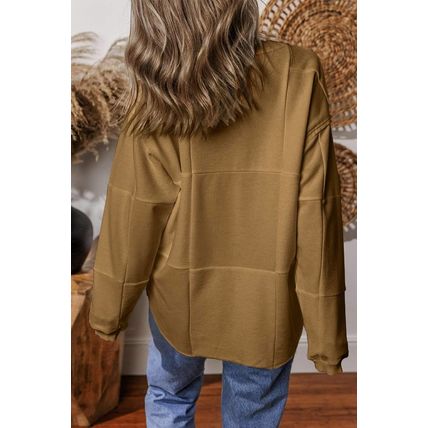 Light French Beige Solid Color Patchwork Drop Shoulder Baggy Sweatshirt