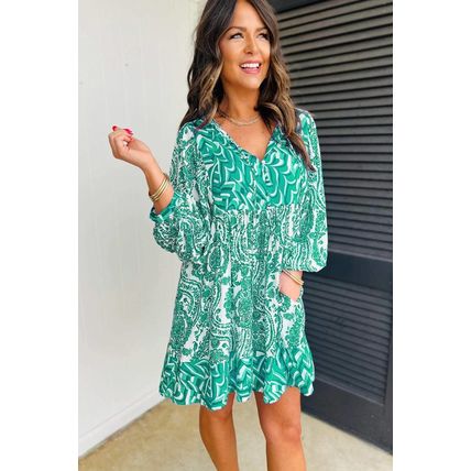 Green Bohemian Print Puff Sleeve Tied V Neck Flared Mini Dress