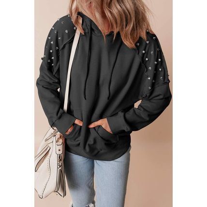 Black Solid Color Rivet Stud Raglan Sleeve Hoodie with Pocket