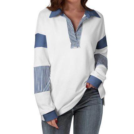 Dark Blue Striped Colorblock Patchwork Collar Sweatshirt