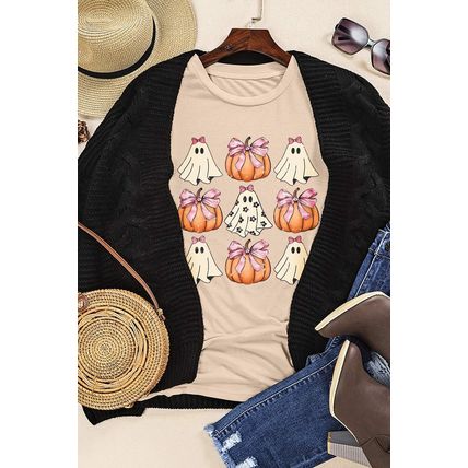 Black Bowknot Ghost Pumpkin Graphic Halloween T Shirt