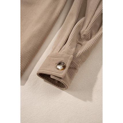Pale Khaki Hooded Drawstring Pockets Corduroy Shacket