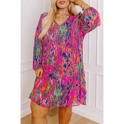 Rose Plus Size Abstract Floral Print Pleated Loose Dress