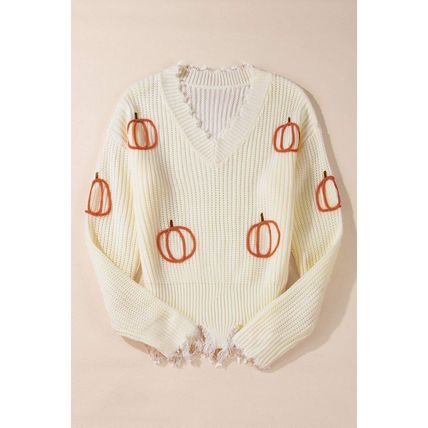 Beige Cable Knit Pumpkin Raw Hem V Neck Loose Sweater