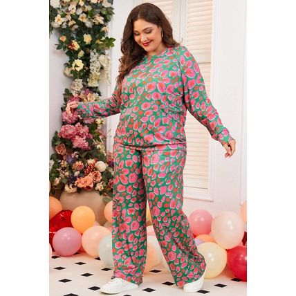 Green Plus Size Printed Long Sleeve and Pants Lounge Set