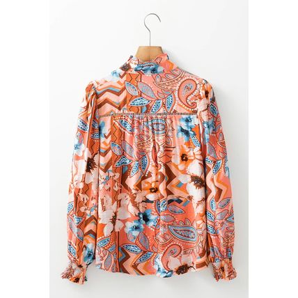 Orange Floral Print Shirred Cuff Buttoned Loose Shirt