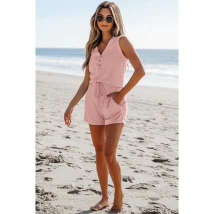 Gossamer Pink Ribbed Button V Neck Tank Top and Shorts Set