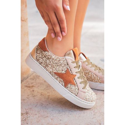 Gold Star Patchwork Sequined Lace-up Sneakers