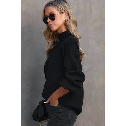 Black Turtleneck Drop Shoulder Bubble Sleeve Knit Sweater