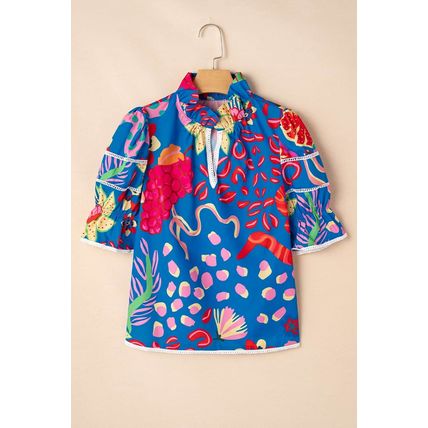 Blue Abstract Print Frilled Collar Ruffled Puff Short Sleeve Top
