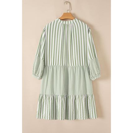 Green Stripe Bracelet Sleeve Tasseled Tied Neck Tiered Plus Size Mini Dress