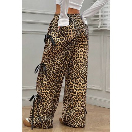 Brown Leopard Print Bow Tie Drawstring Elastic Waist Loose High Waist Pants