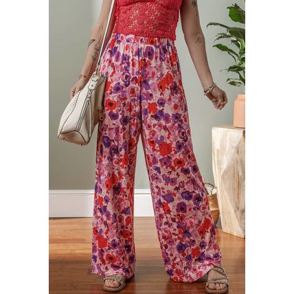 Purple Floral Wide Leg Elastic High Waist Pants