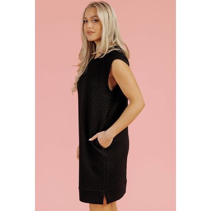 Black Textured Cap Sleeve T-shirt Shift Mini Dress