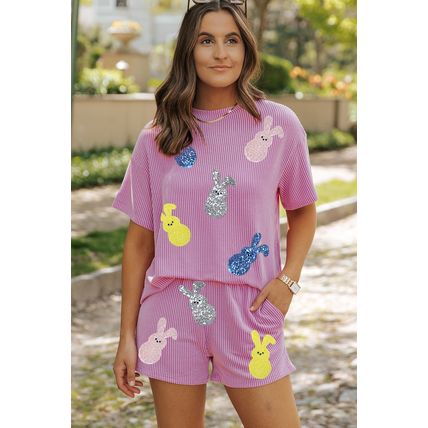Phalaenopsis Ribbed Sequined Easter Bunny Graphic Tee and Short Set