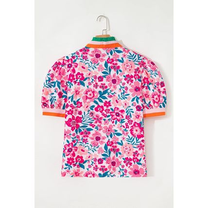 Pink Floral Print Contrast Striped Detail Short Sleeve Blouse