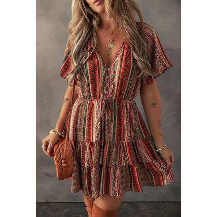 Red Bohemian Floral Print Buttoned V Neck Ruffle Tiered Dress