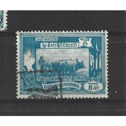 Burma.SG129 8a Ploughing paddy field with oxen (Blue).Fine Used.Jul25l