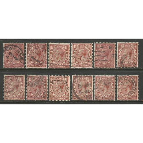 GB 1912 - 24 KGV 1 1/2d Brown x 12 Variety/shades Wmk 100.( R171 )
