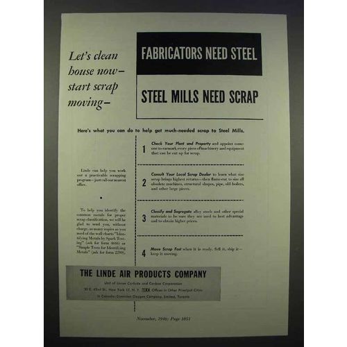1946 Linde Air Products Ad - Fabricators Need Steel
