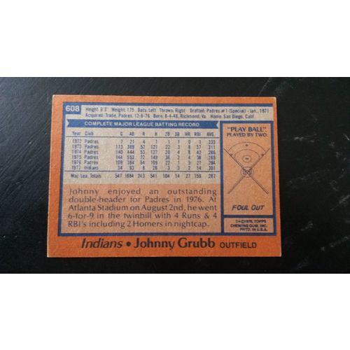 1978 Topps Card # 608 Johnny Grubb Autograph 201502140953 Cleveland Indians