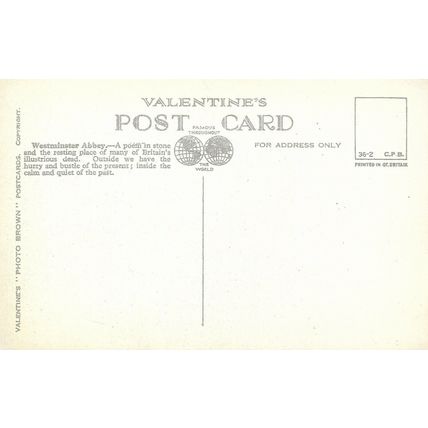WESTMINSTER ABBEY LONDON : VALENTINE'S POSTCARD : 1892 ~