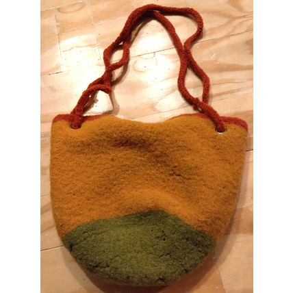 Handmade Wool Bucket Handbag Double Straps Outside Pocket Orange Yellow Green