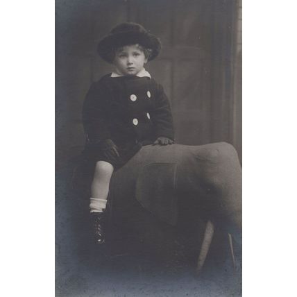 Welsh Child Boy On Animal Hobby Horse Taxidermy Old Wales Postcard