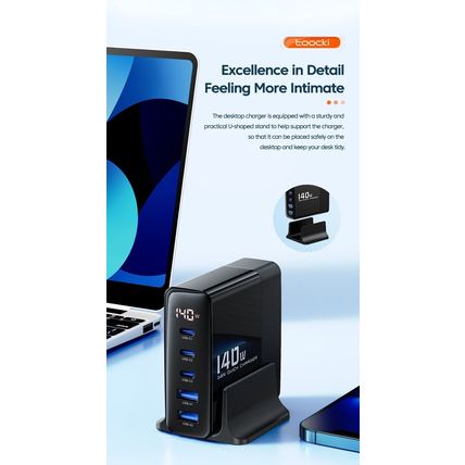 Toocki 140W GaN USB Charger Desktop Charging Station 5 Ports, PD Type-C, UK Plug