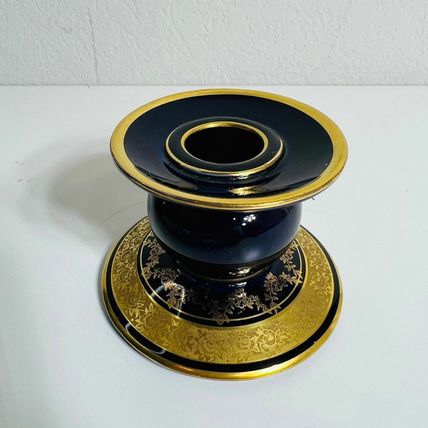 Lindner Kueps Candleholder Vase Bavaria Blue Cobalt Germany Set 2 Vintage Pair
