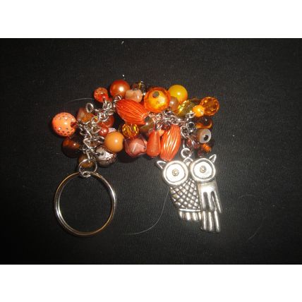 Large silver owl with brown orange pink bag phone charm keyring
