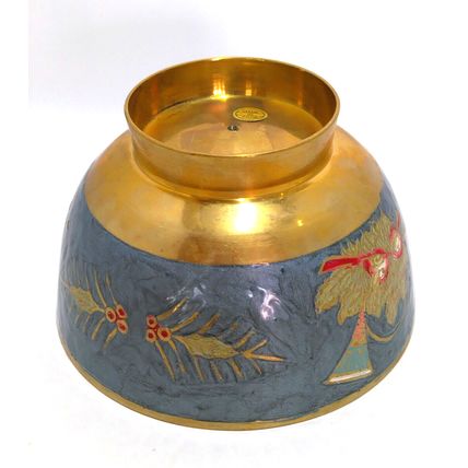 Vintage Cloisonne Enamel Brass Round Bowl Bugle Horn & Holly 5.5 " x 3.25" India