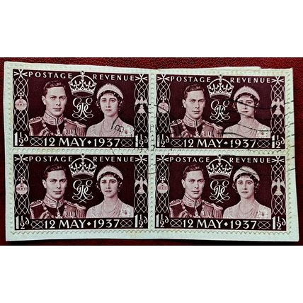 GB 1937 George VI Coronation block of 4 Used on paper SG461