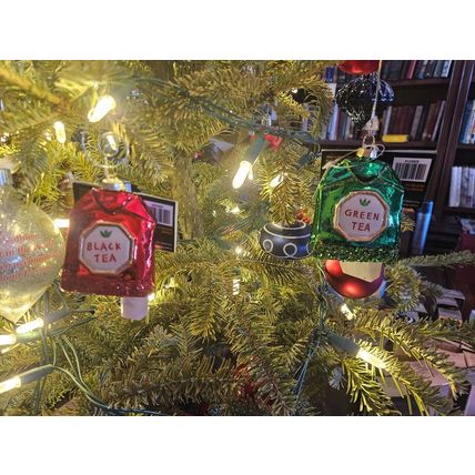 Tea Bag Ornaments - Set of Two Black Tea & Green Tea - Shiny Glass