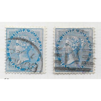 INDIA 1865 QV HALF ANNAS BLUE x2 SHADES USED SG54 SG55 54 55 SG