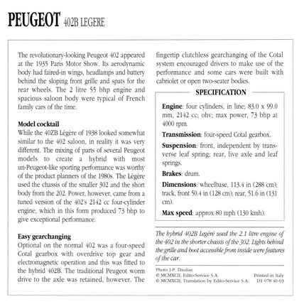 Collectors Club card. Classic Cars. Peugeot 402B Legere