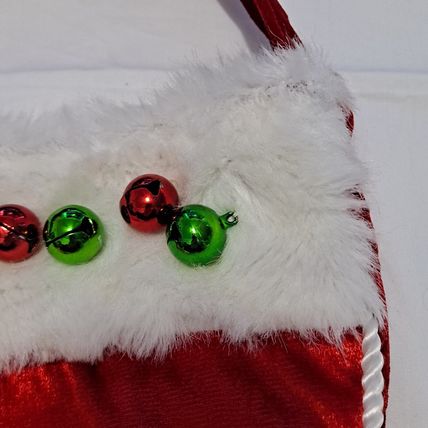 Whimsical Red ELF TOE CHRISTMAS STOCKING Velvet Satin Fuzzy Jingle Bells 23"