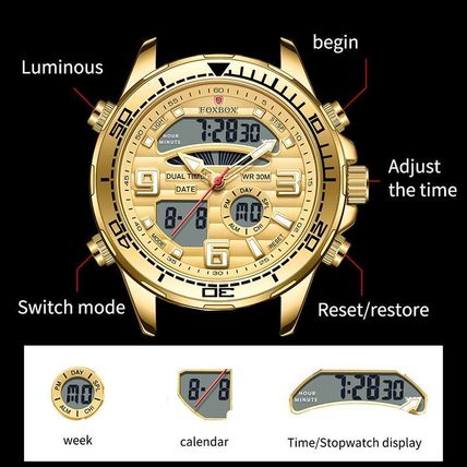Gents Heavy Large Gold Dual Time Face Silver Stainless Steel Bracelet Watch Box