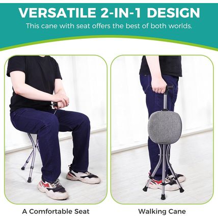Folding Cane with Seat,Adjustable Walking Stick for Seniors,Lightweight Walking