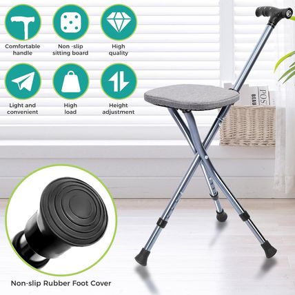 Folding Cane with Seat,Adjustable Walking Stick for Seniors,Lightweight Walking