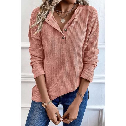 Rose Tan Rib Textured Henley Knit Top