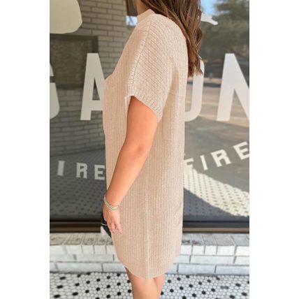 Oatmeal Patch Pocket Ribbed Knit Short Sleeve Sweater Dress
