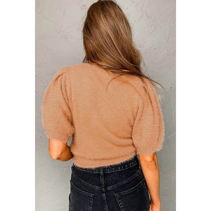 Light French Beige Fuzzy Short Sleeve Sweater