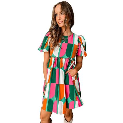 Green Abstract Print Puff Sleeve Short Dress