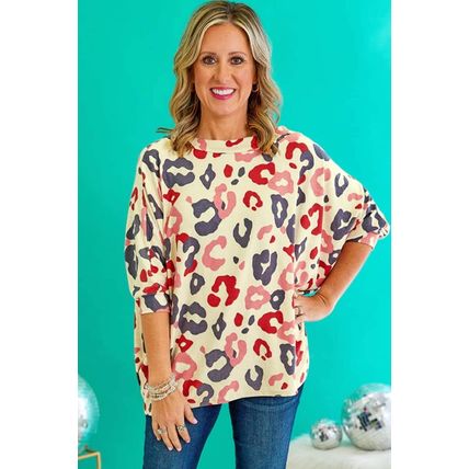White Colorful Leopard Print Batwing Sleeve Plus Blouse
