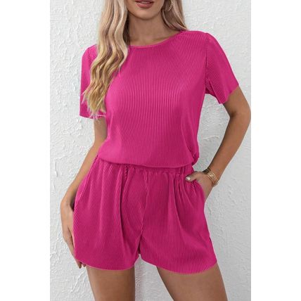 Bright Pink Casual Pleated Short Two-piece Set